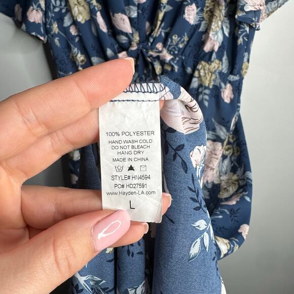 Hayden Los Angeles Blue Floral Flutter Sleeve Tie Front V Neck Maxi Dress Size L - Picture 4 of 8